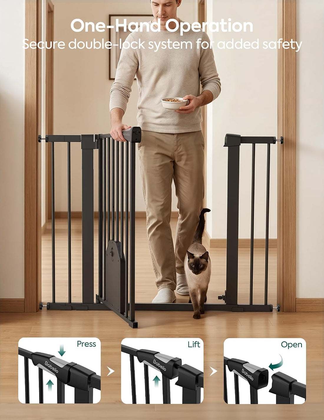 Babelio Auto Close Dog Gate with Cat Door, CatPrivilege I, 29-43"