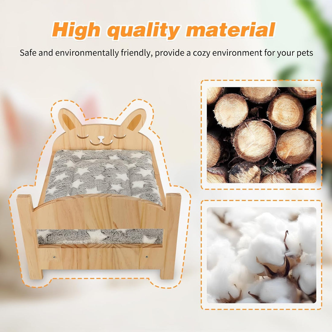 Large Wooden Rabbit Bed, 2-in-1 Bunny Bed with Gray Star Mat