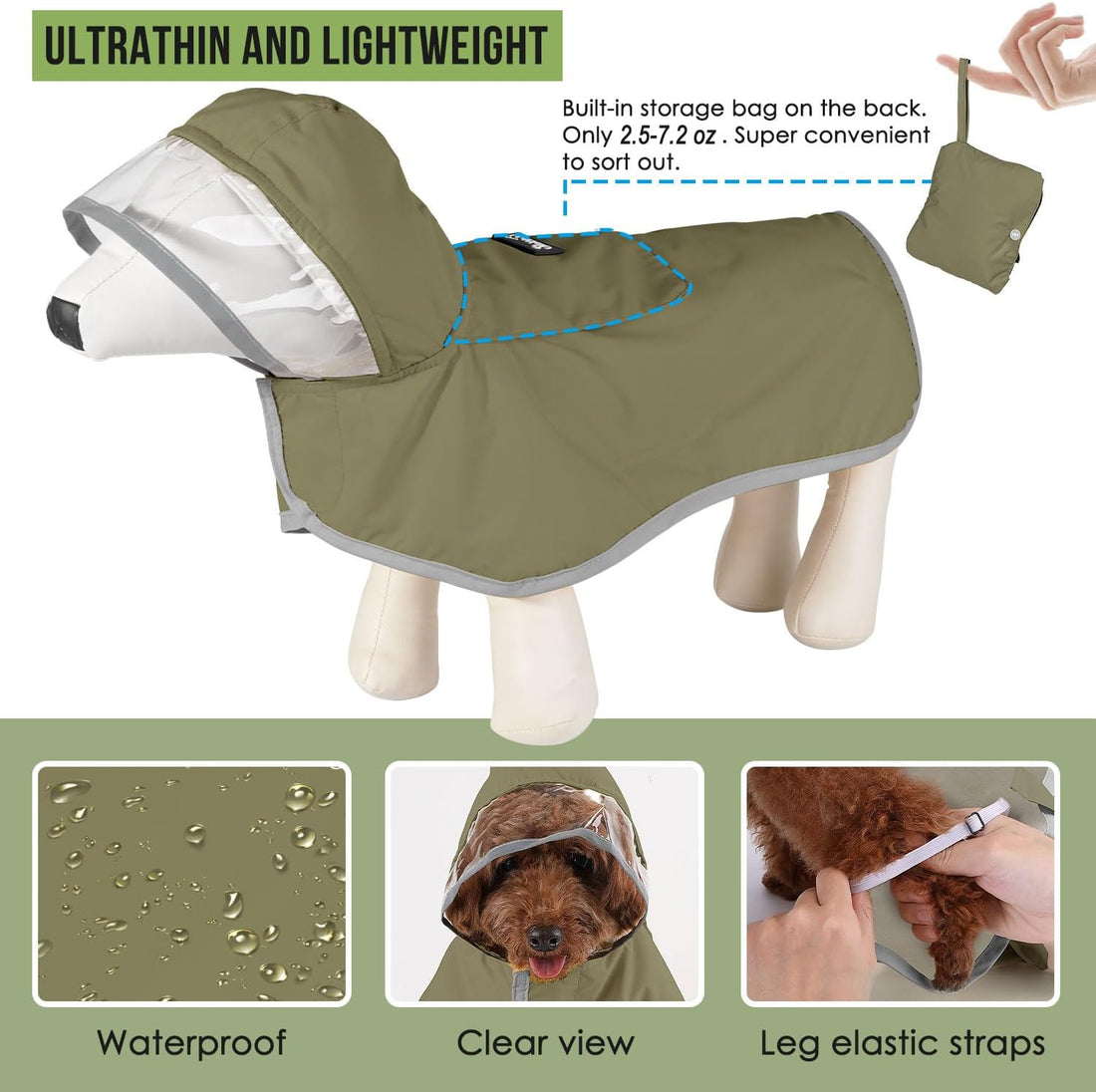 Lukovee Dog Raincoat, Ultra-Light Rain Jacket with Hood & Leash Hole