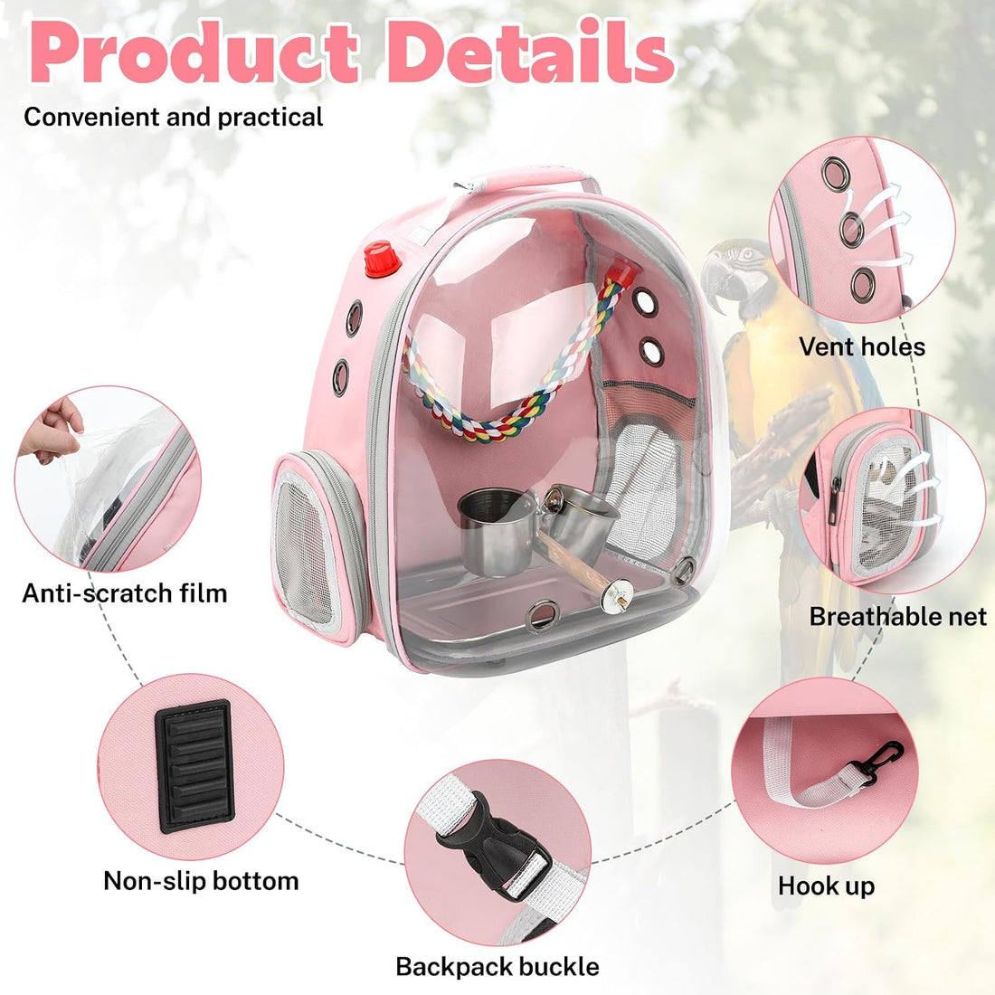 Rypet Bird Backpack Carrier, Bird Travel Cage for Parrots with Tray