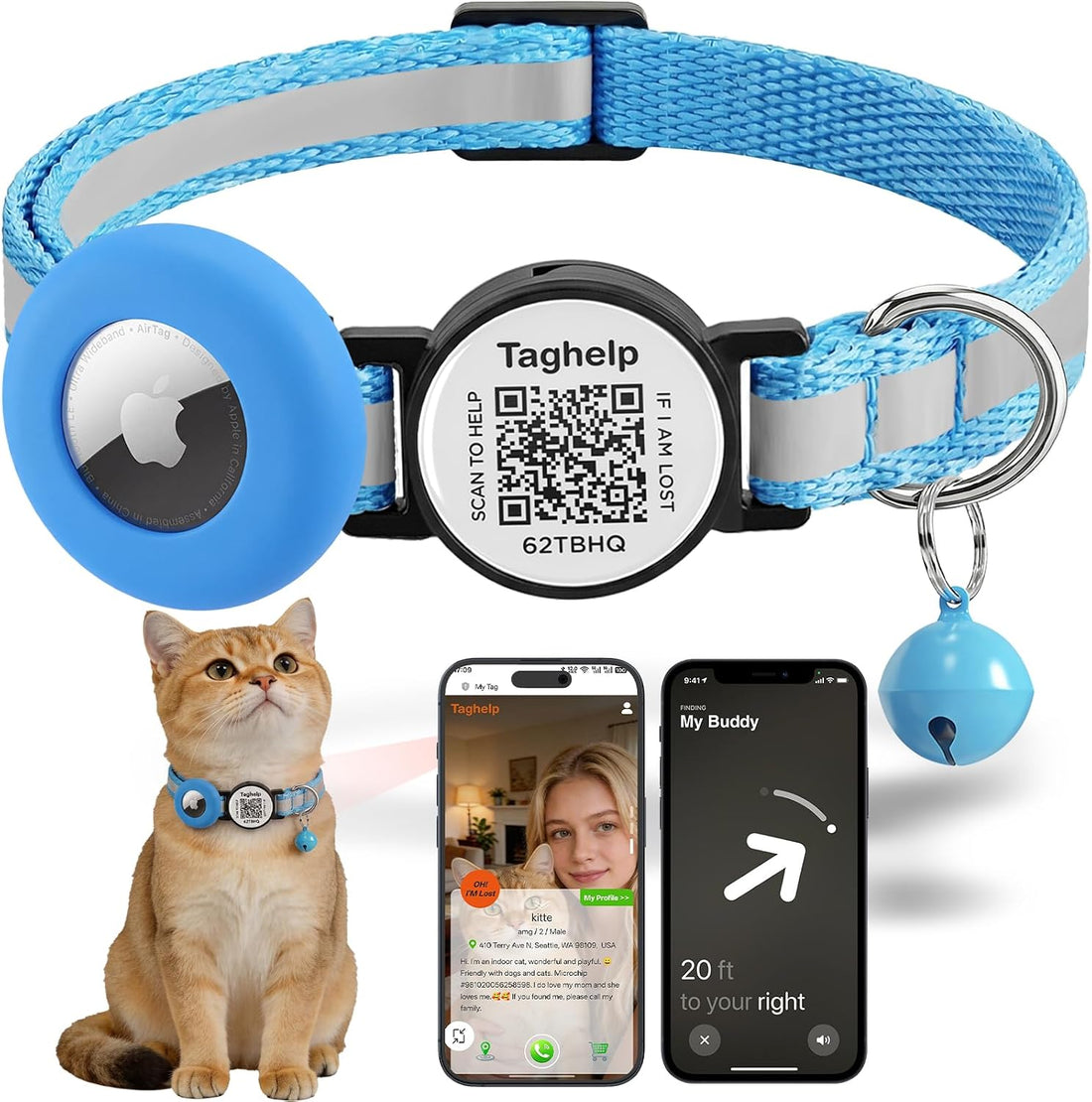 AirTag Holder Breakaway Cat Collar QR Code, Reflective Bell