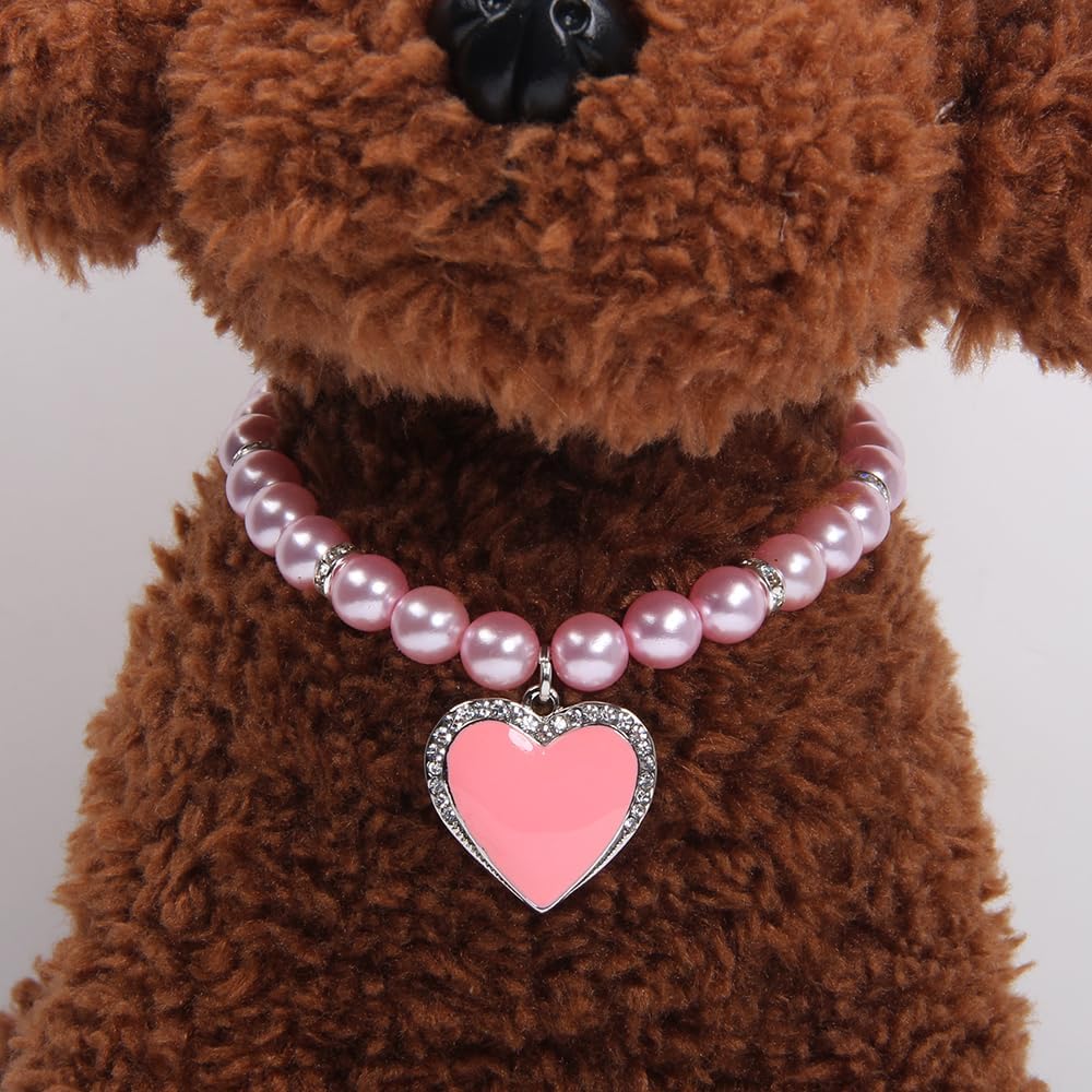 XKSRWE Dog Cat Pearls Necklace Collar with Rhinestones Heart Charm