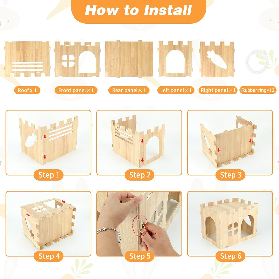 BWOGUE Large Wooden Bunny Hideout,Detachable Rabbit Castle for Small