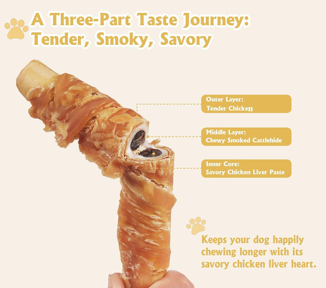 5Pcs 5" Chicken Wrapped Smoked Rawhide Rolls with Chicken Liver-10.6