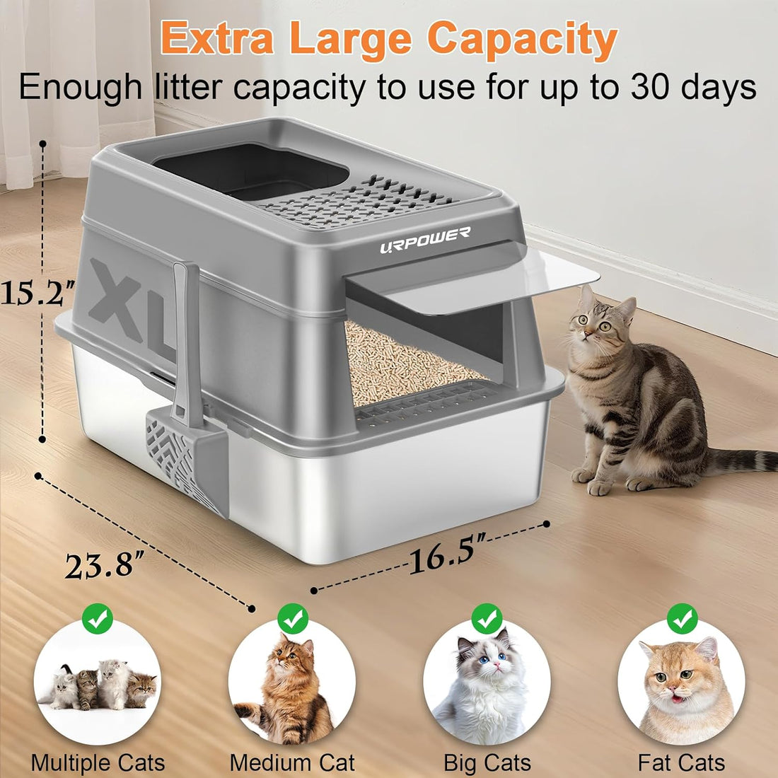 URPOWER Stainless Steel Cat Litter Box with Lid Extra Large Enclosed
