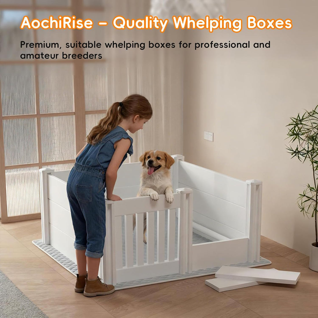 Whelping Box for Dogs, Puppies,with Pig Rails Washable Pad