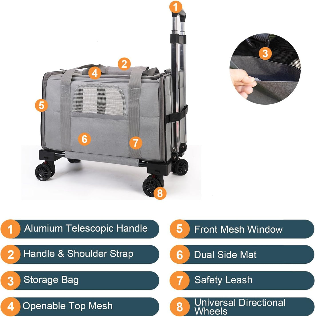 Pet Carrier with Wheels - Soft-Side Wheeled Cat Carrier for Dogs