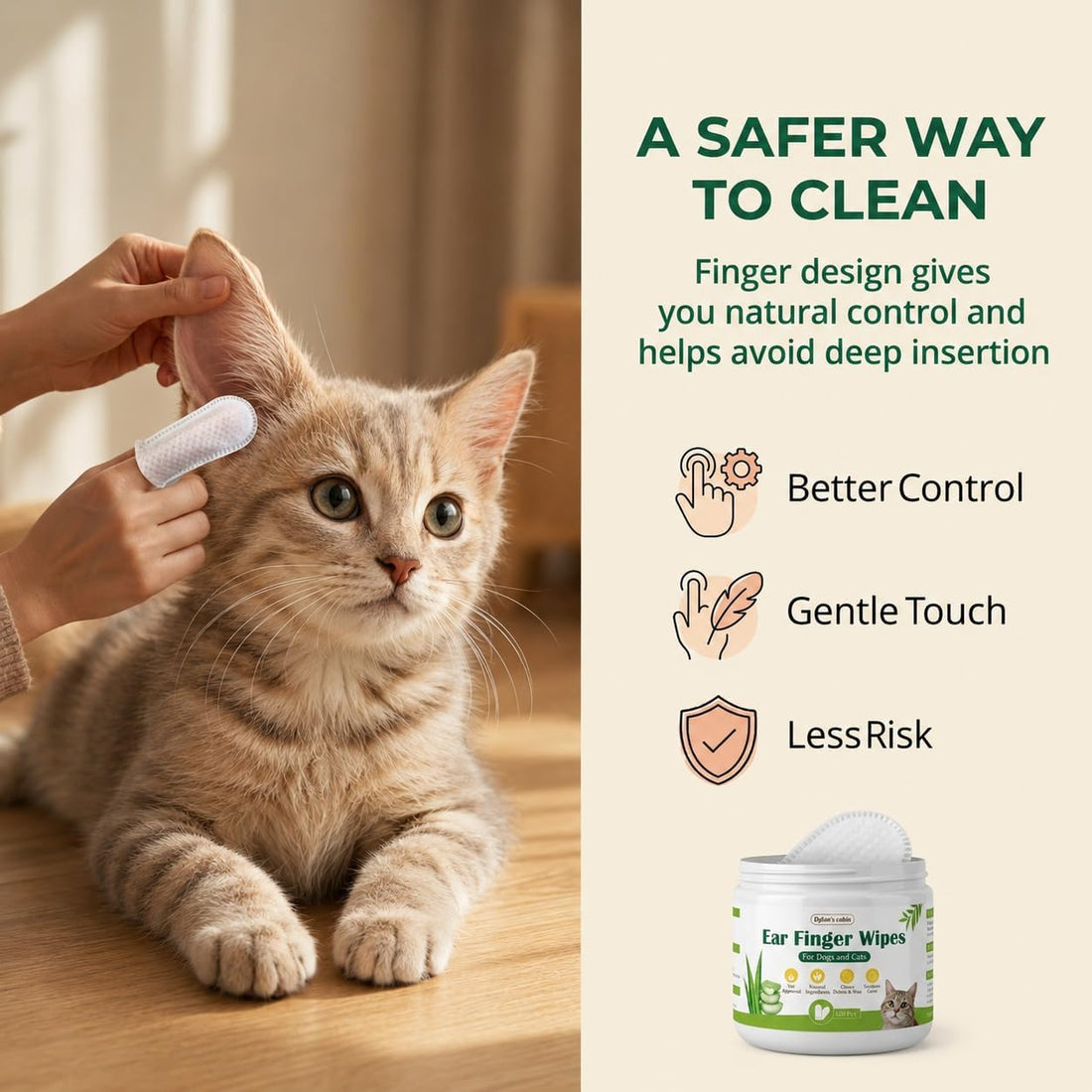 Dylan's cabin Cat Ear Wipes - 150 Count Finger Wipes for Dogs Cats
