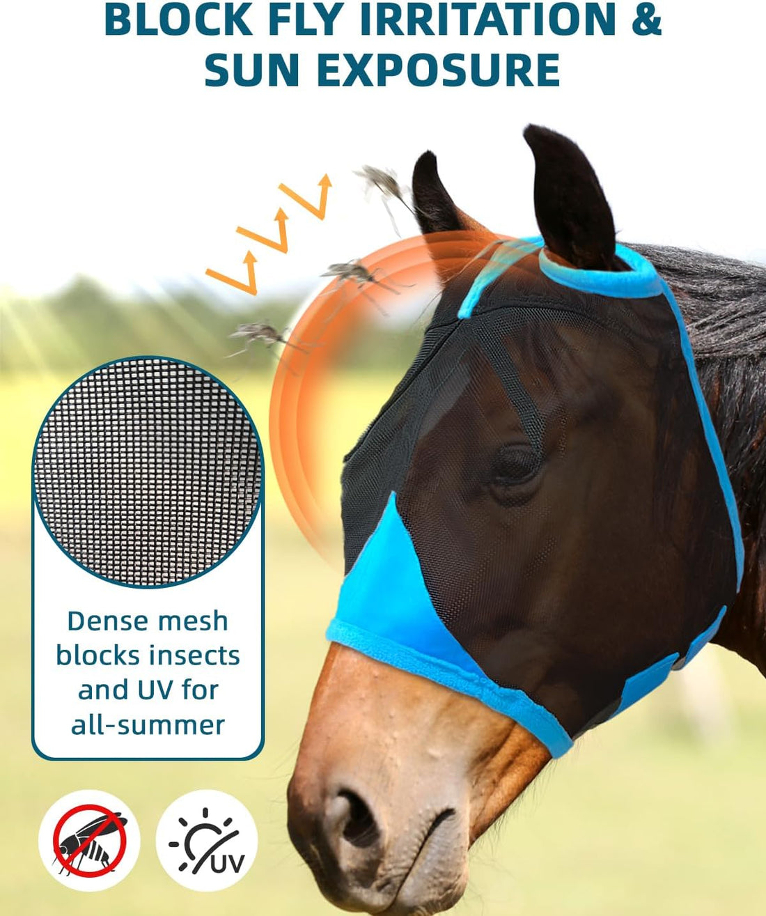 Hilltown Durable Fly Mask for Horses Without Ears - Full, Blue