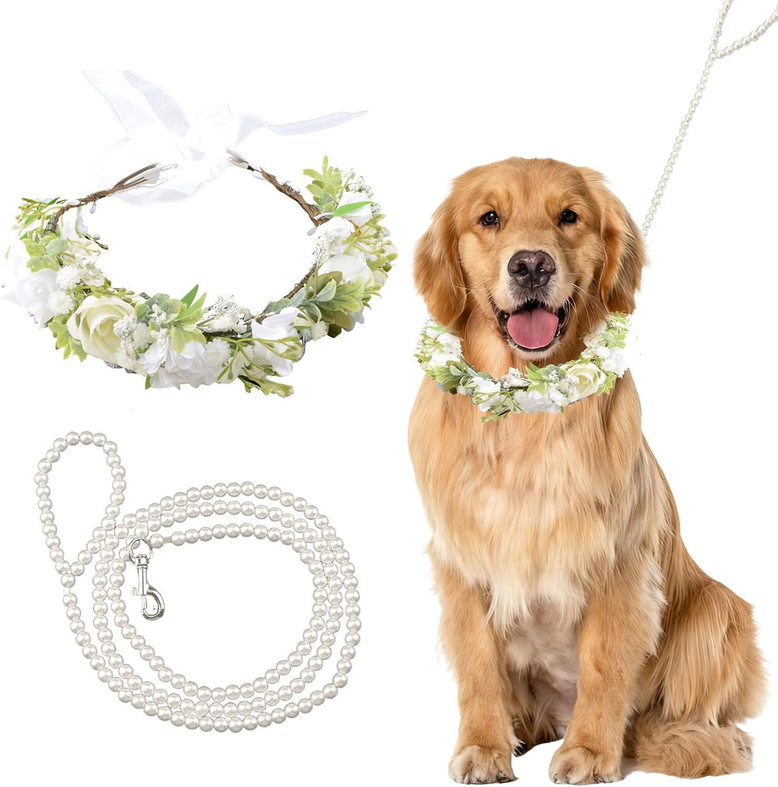 Dog Wedding Flower Collar with Pearl Leash,2 PCS Purple Rose