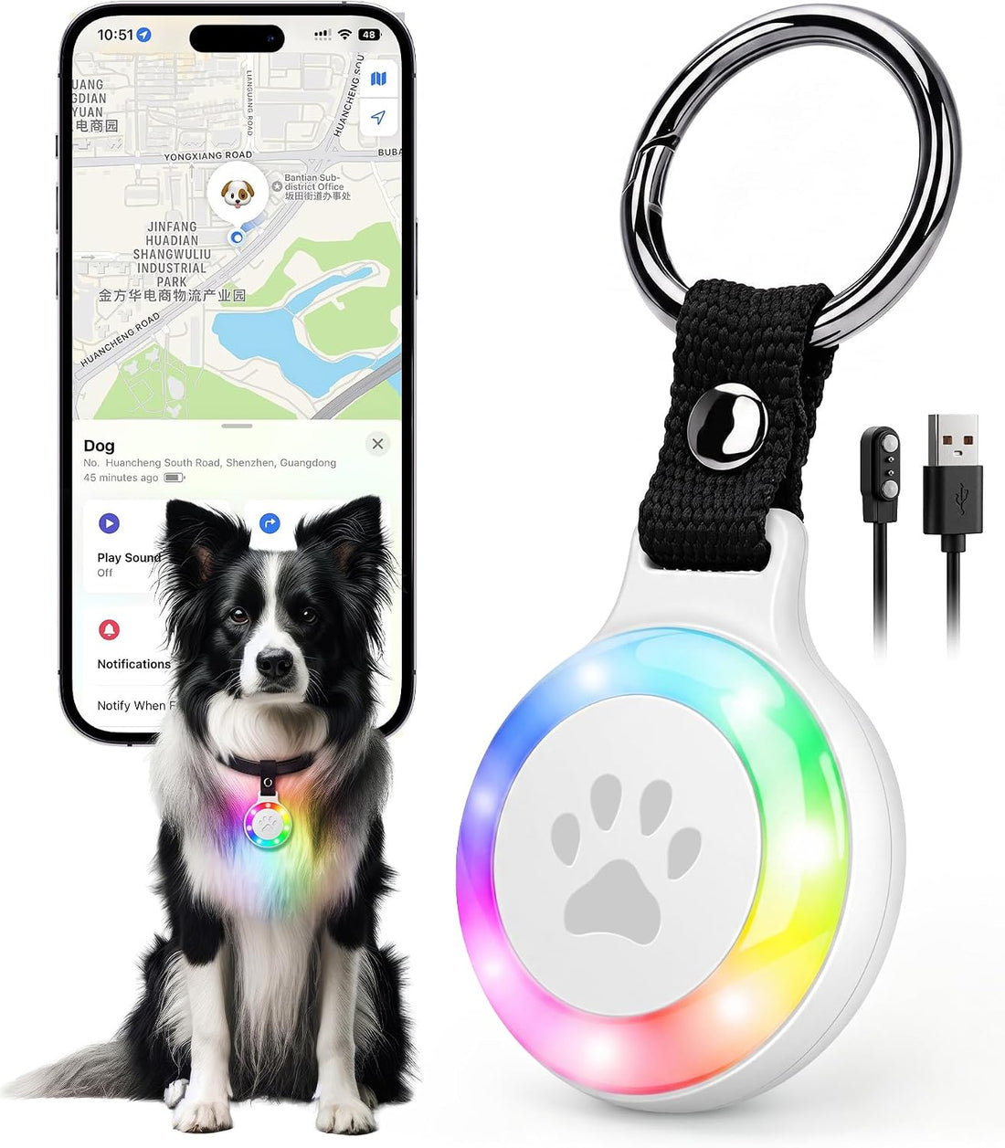 Pet Tracker for Dogs Cats, Location & LED Night Light Tag