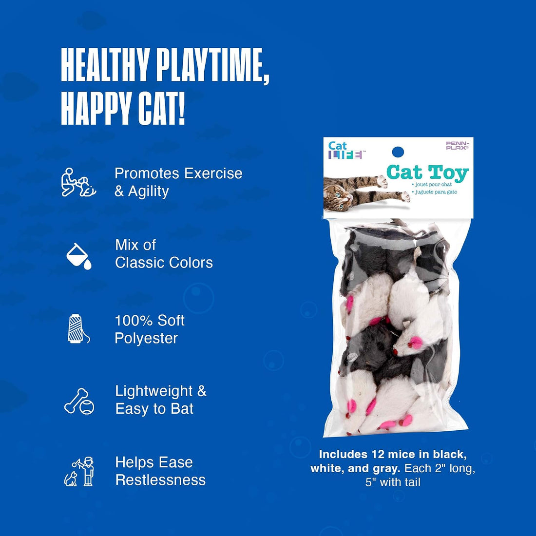 Penn-Plax Play Fur Mice Cat Toys, 12 Pack