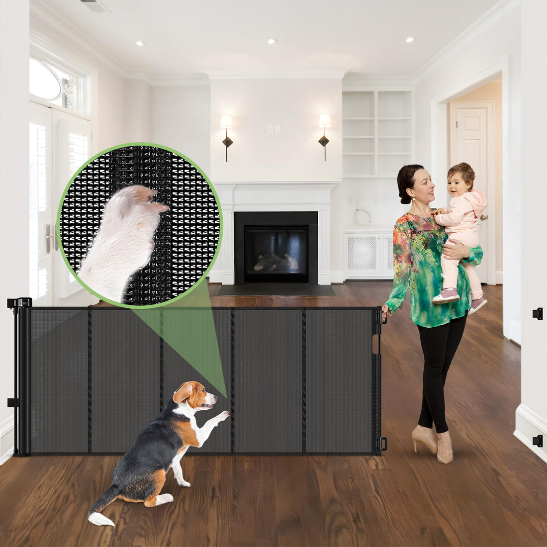 96 Inch Wide Reinforced Retractable Baby Gate with Support Rods