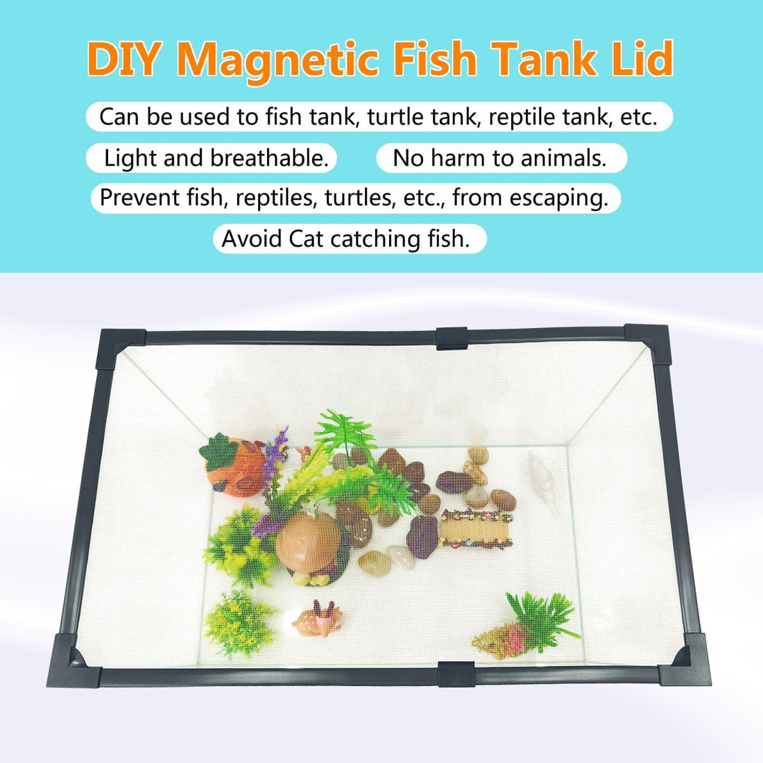 Magnetic Fish Tank Lid Dark Grey Frame Grey Fiberglass Mesh