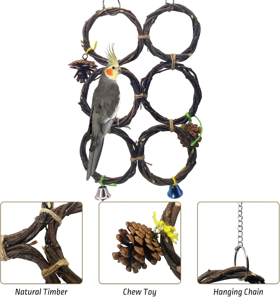 BNOSDM Bird Swing Rings Toy Wood Parrot Perches Natural Climbing