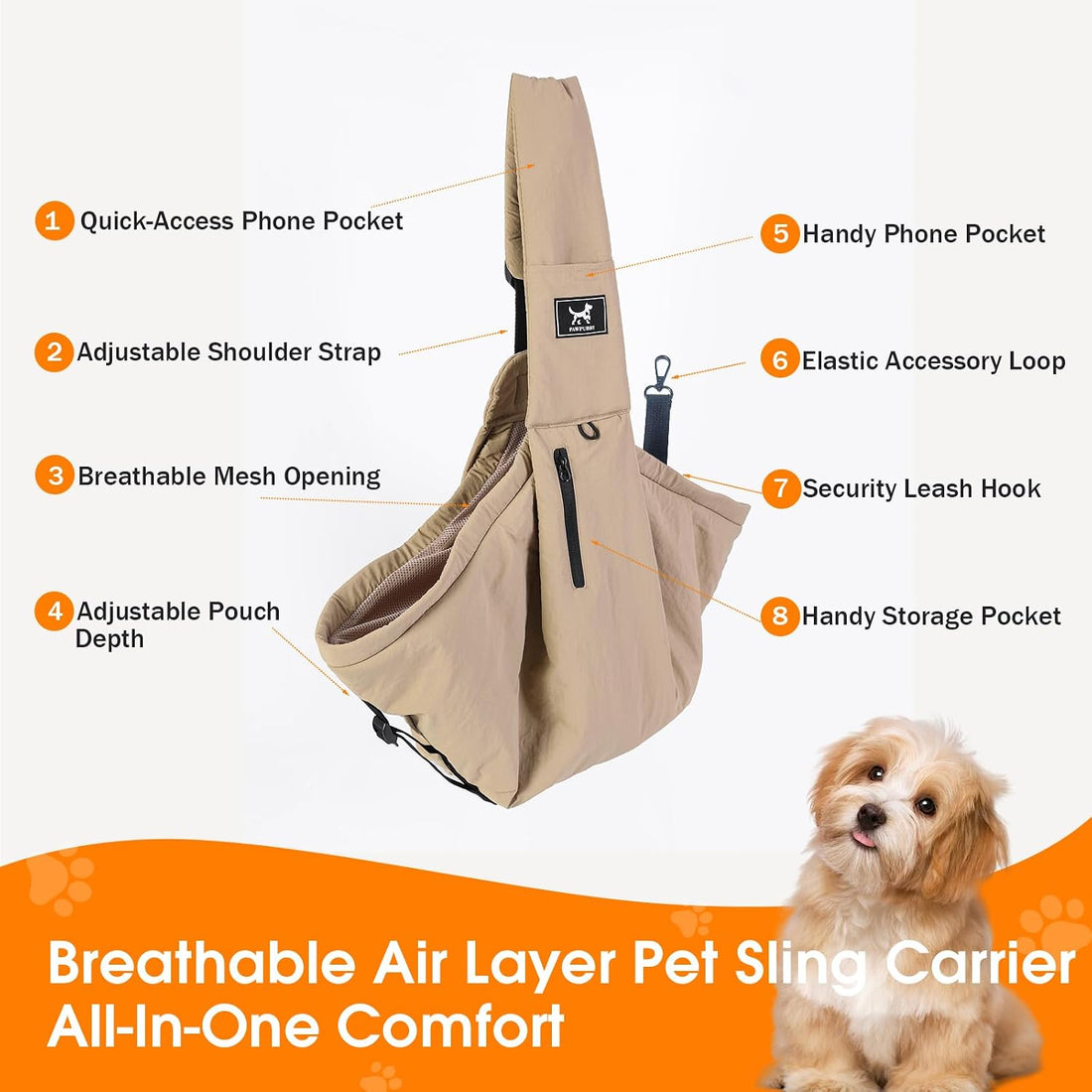 Dog Sling Carrier for Small Dogs & Cats 5-20 lbs, Adjustable Depth