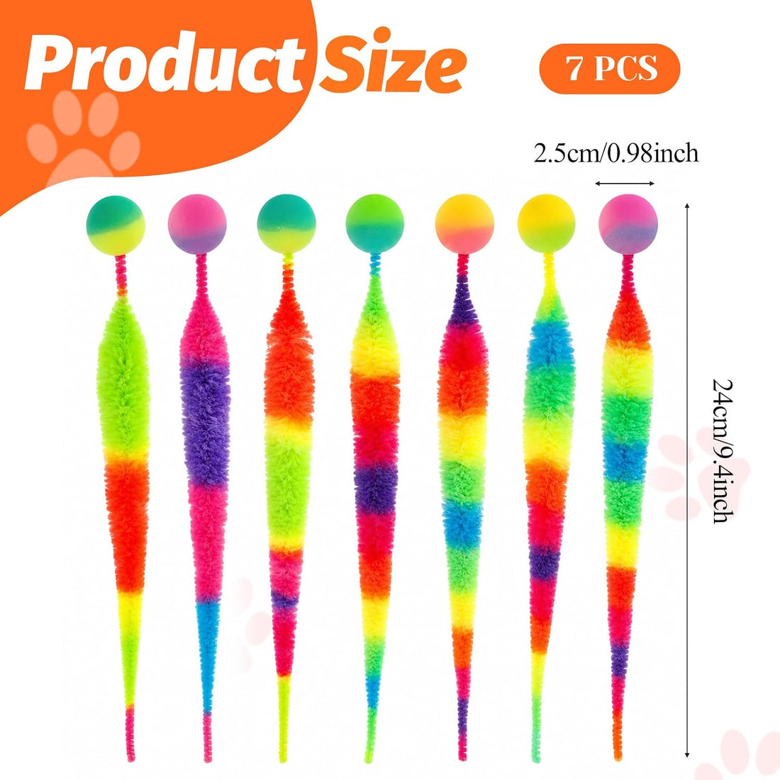 7 Pack Cat Worm Toys Rainbow Worm with Ball for Cats