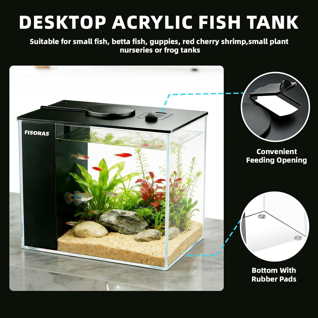 1Gal (3.7L) Small Aquarium Kit with Water Filter Pump and LED Light