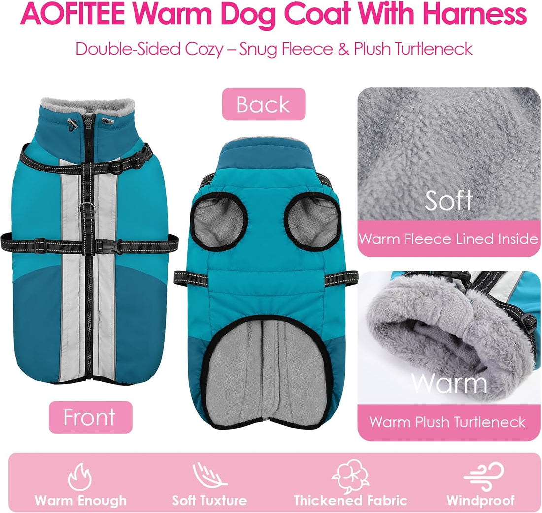 AOFITEE Large Dog Coat Waterproof Dog Winter Jacket with Harness
