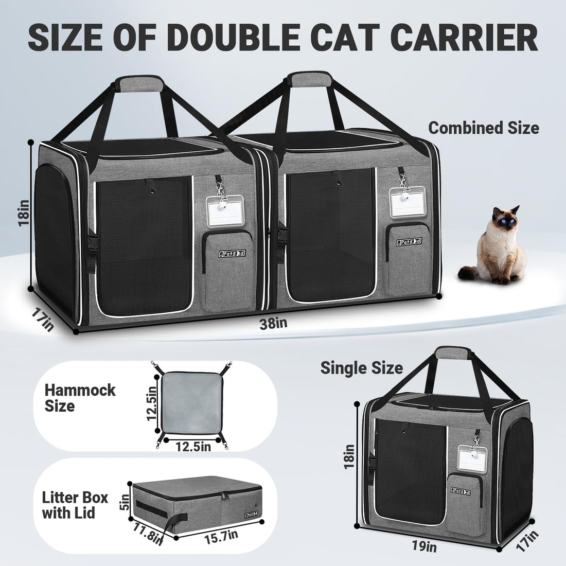Petskd 2 in 1 Double Cat Car Travel Carrier with Litter Box