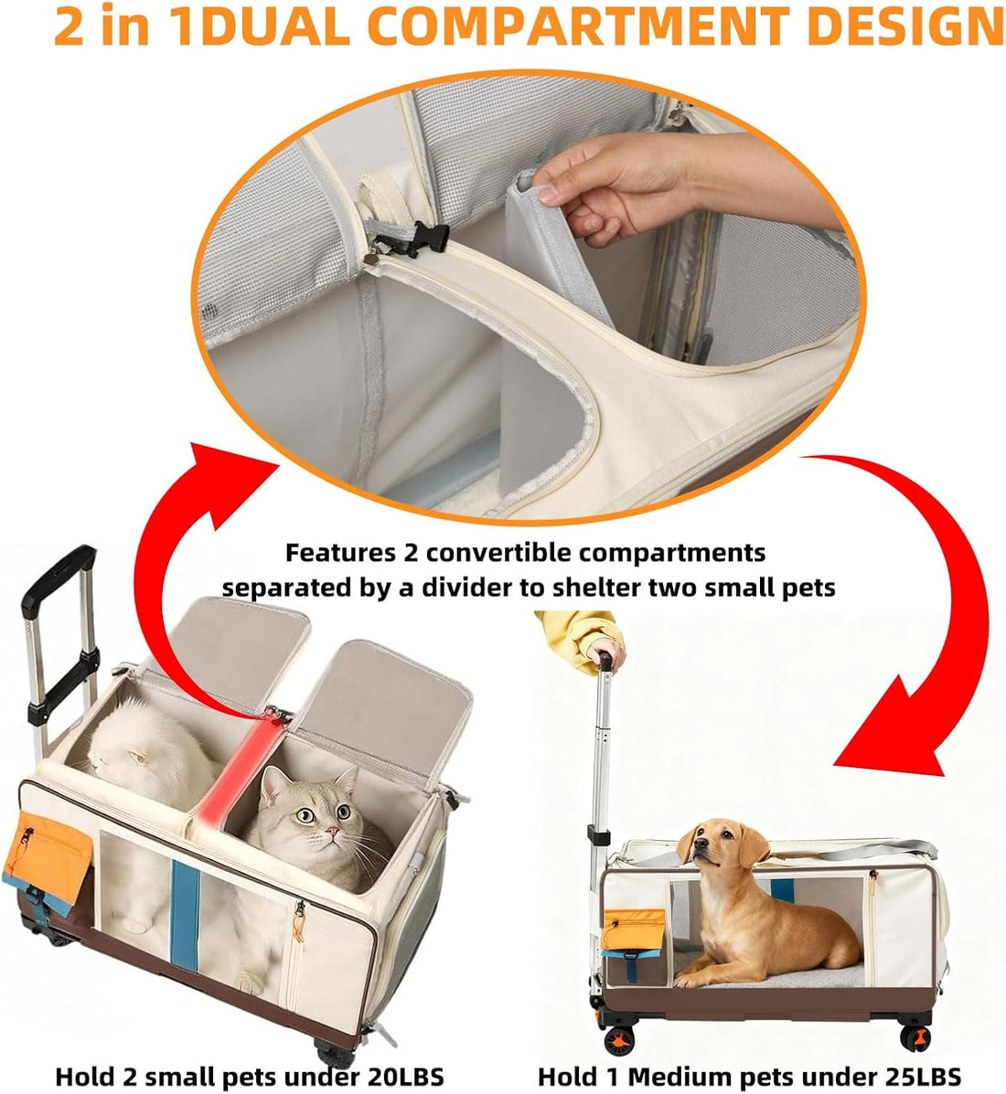 Large Cat Carrier with Wheels, Rolling Folding Soft-Sided for 2 Cats