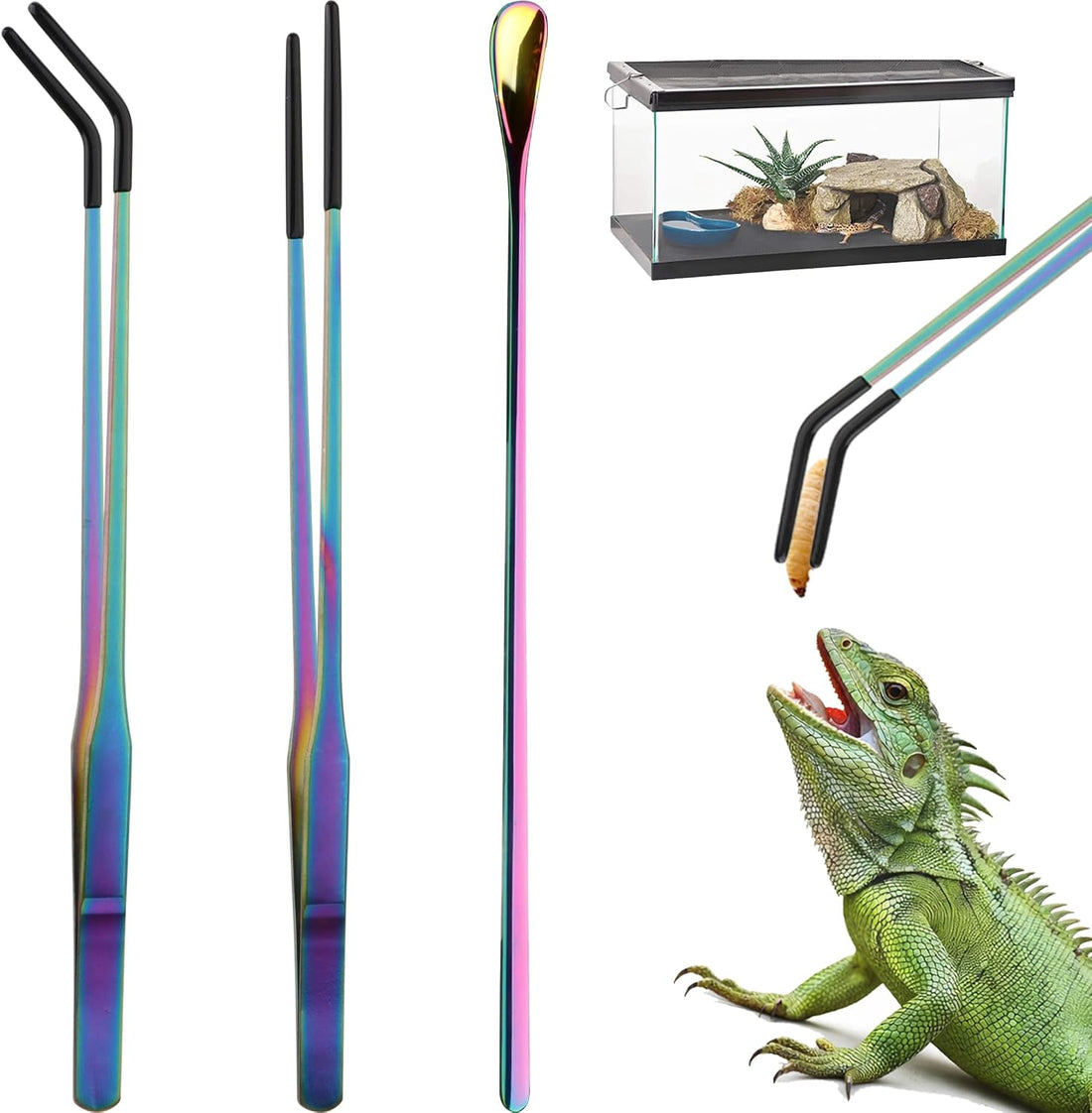 3PCS 10.6" Straight & Curved Reptile Feeding Tongs Set with Spoon