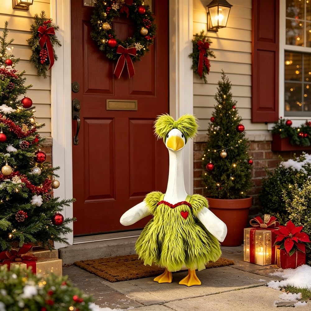 Green Fur Christmas Porch Goose Outfit for 23 Inch Lawn Goose Xmas
