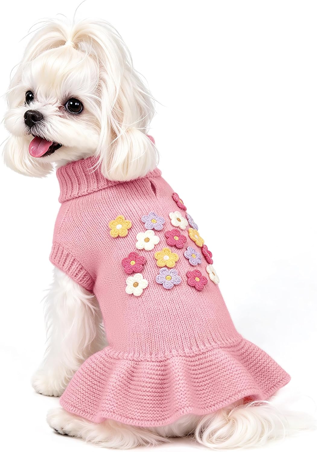 WOYYHO Small Dog Sweater Dress with Crochet Flower