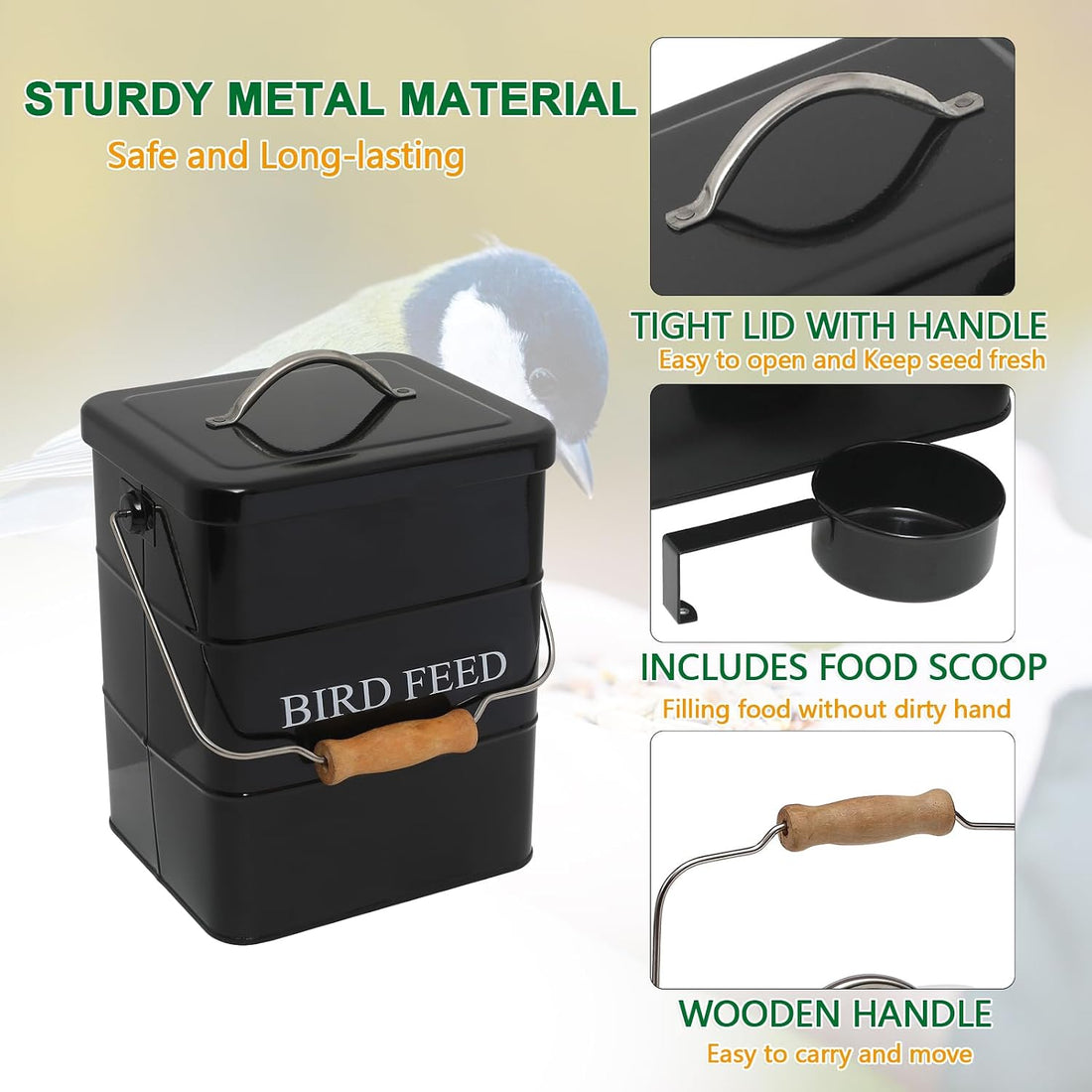 Brabtod Bird Seed Storage Container Airtight,5~6LB Metal Bird Food
