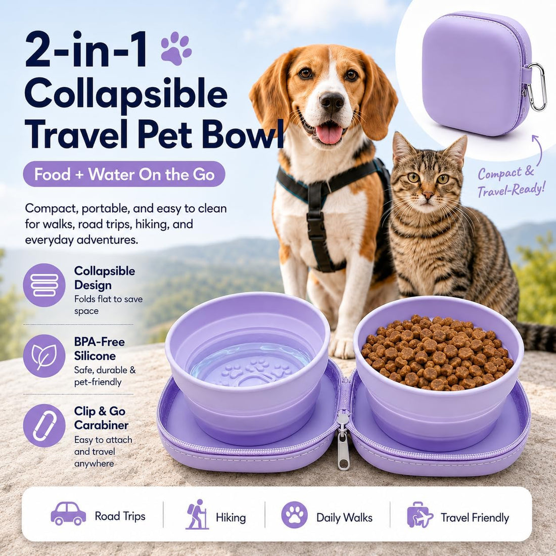 Portable Dog Bowl, Collapsible 2-in-1 Travel Dog Bowls with Carabiner