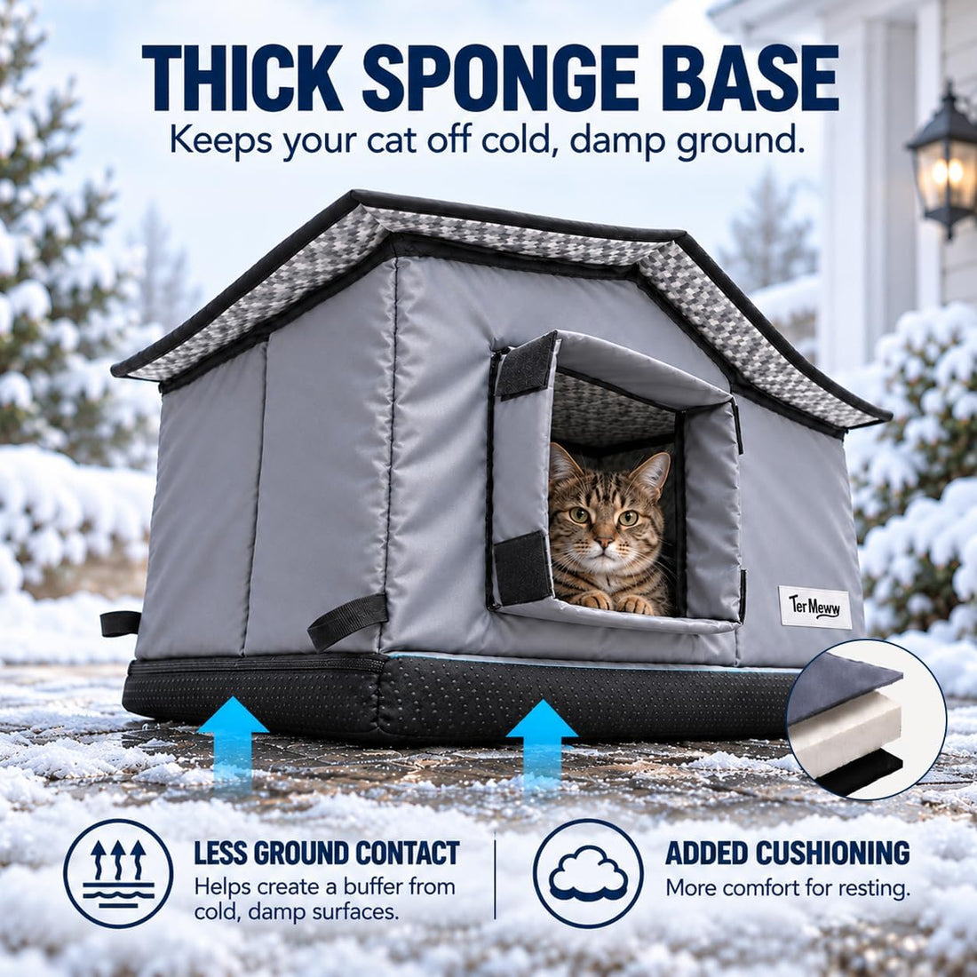 Insulated Outdoor Cat House，Thick Sponge Base Against Cold Ground
