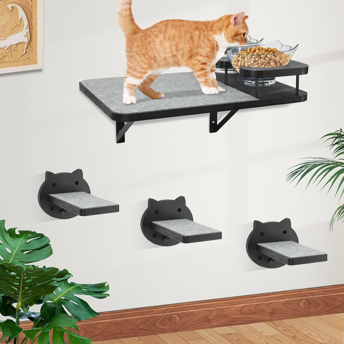 Cat Wall Shelves Furniture Set with 2 Food Bowls