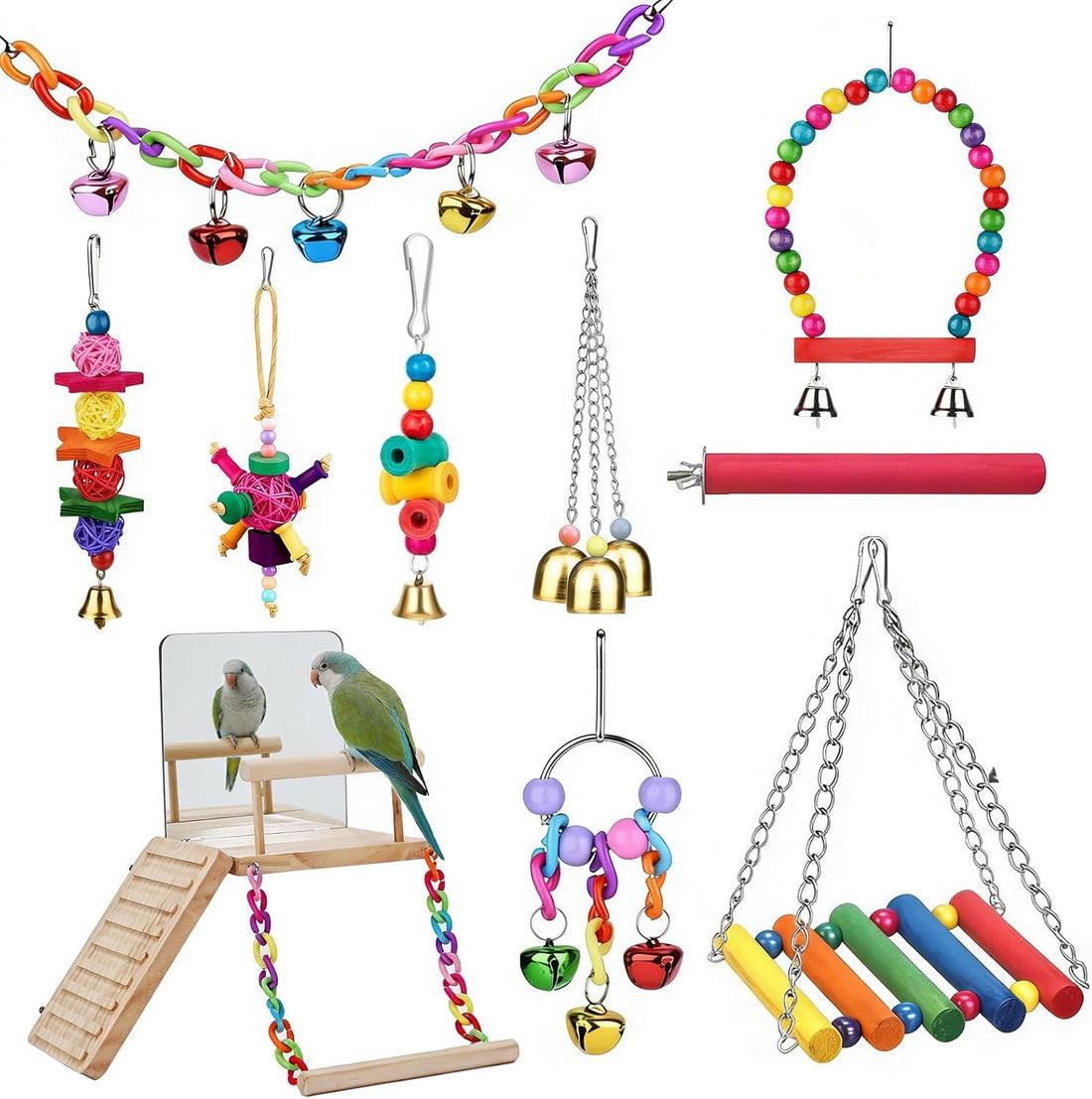 Bird Toys cage Accessories Parakeet Parrot Swing Wood Stand Perch