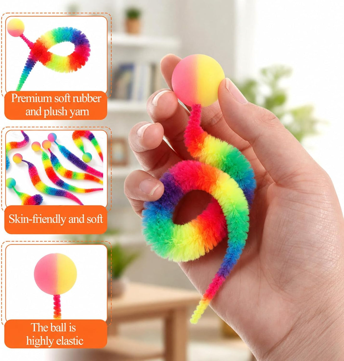 7 Pack Cat Worm Toys Rainbow Worm with Ball for Cats