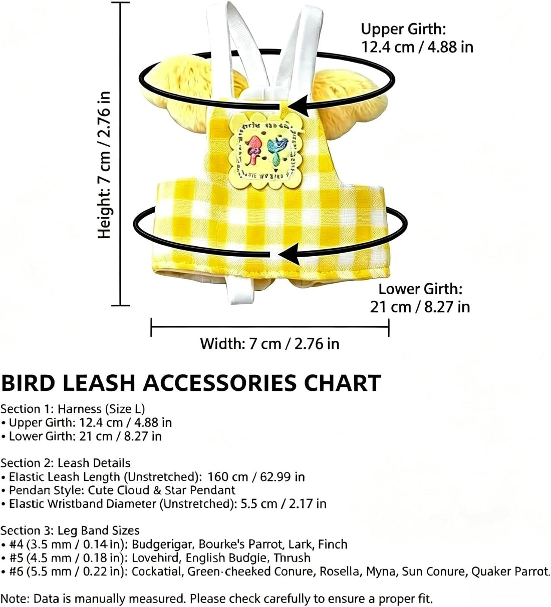 Dual-Use Bird Harness & Bungee Leash Set w/Wings, 3 Rings, Yellow