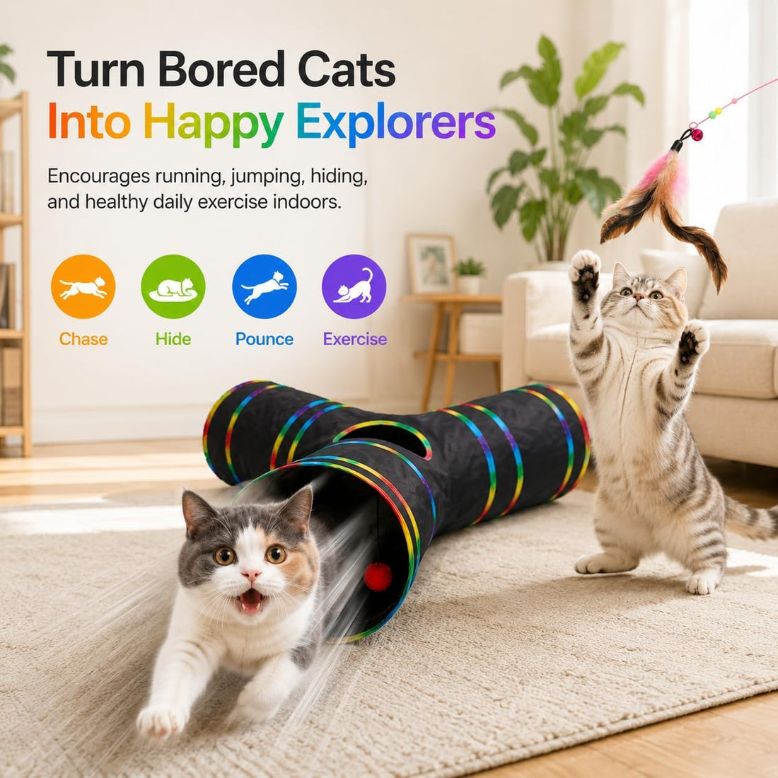 LUCKITTY Cat Tunnels Tube Toy with Plush Ball & Cat Wand Feather