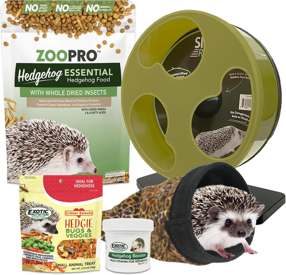 Exotic Nutrition Starter Package for Hedgehogs - Includes Exercise Wheel, Healthy Food, Natural Treat, Multi-Vitamin & Hideout