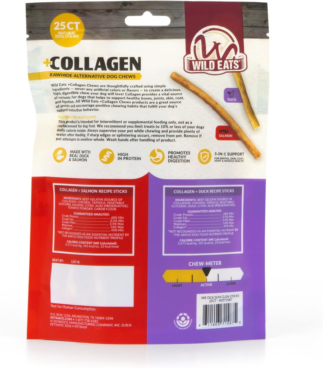Wild Eats Duck and Salmon Collagen Sticks for Dogs, 25 Pack