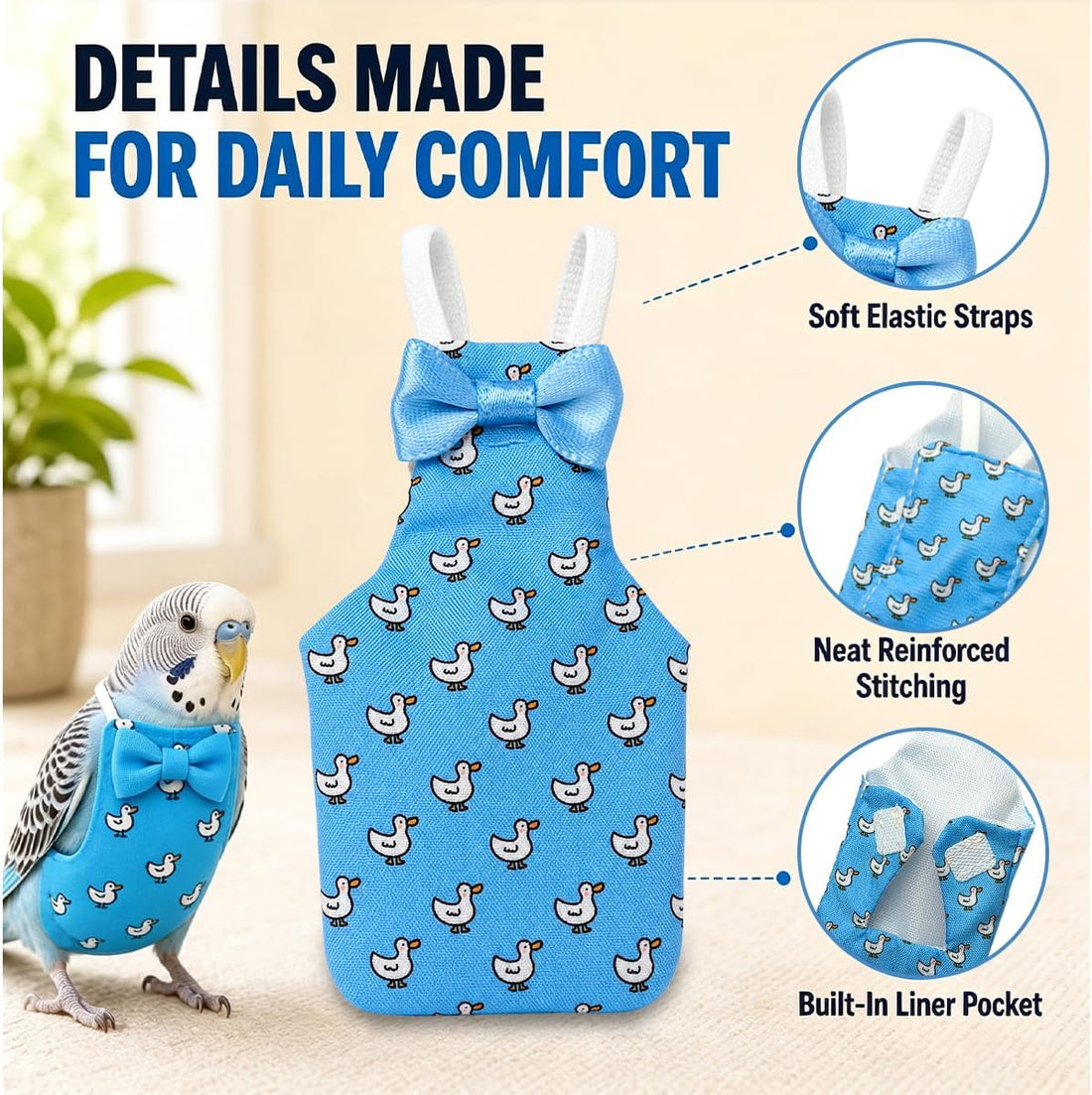9 Pcs Reusable Bird Diaper Flight Suit with Leash Diaper Pads (S)