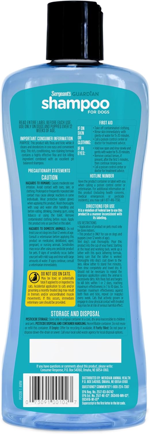 Sergeant's Guardian Flea & Tick Shampoo Dogs, Kills Eggs 30 Days, 18oz