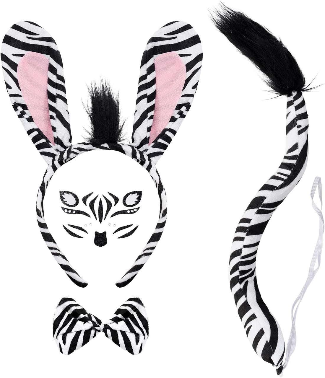 4Pcs Zebra Ears Bow Tie and Tail Set for Adults Halloween Animal