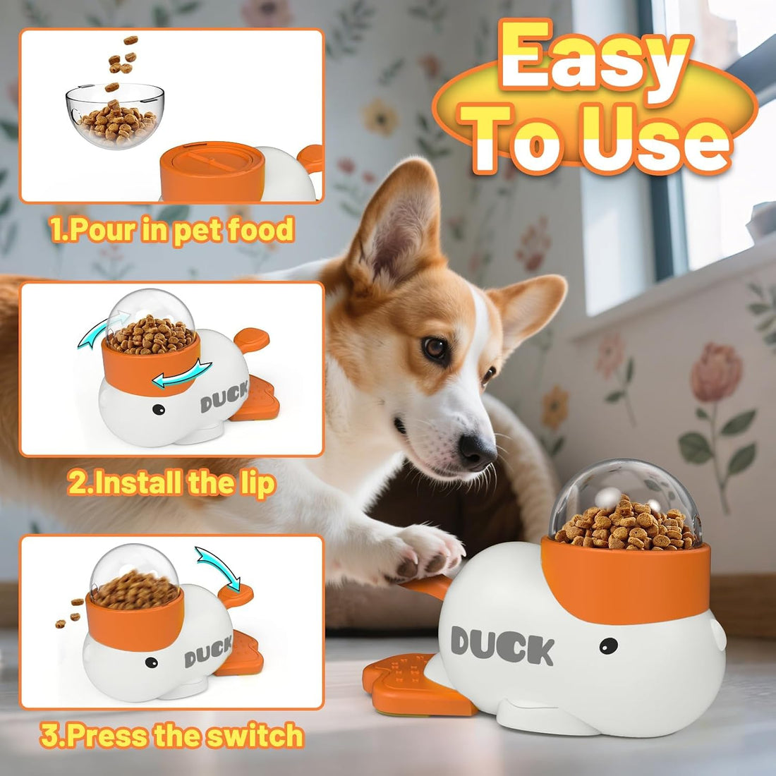 Duck Dog Treat Dispenser Toy, Interactive Slow Feeder Puzzle Toy