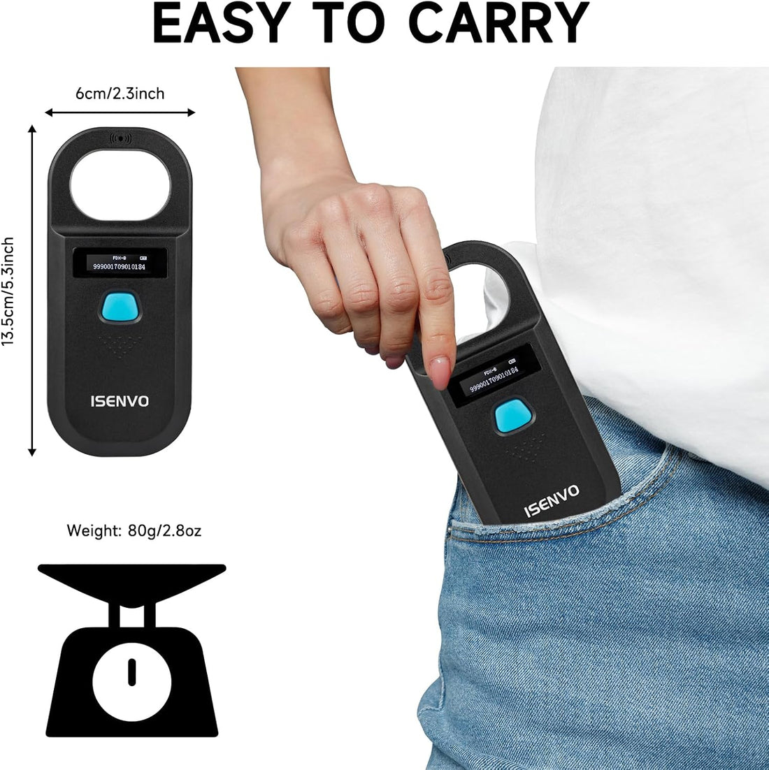 ISENVO Pet Microchip Scanner Rechargeable RFID EMID Micro Chip Reader