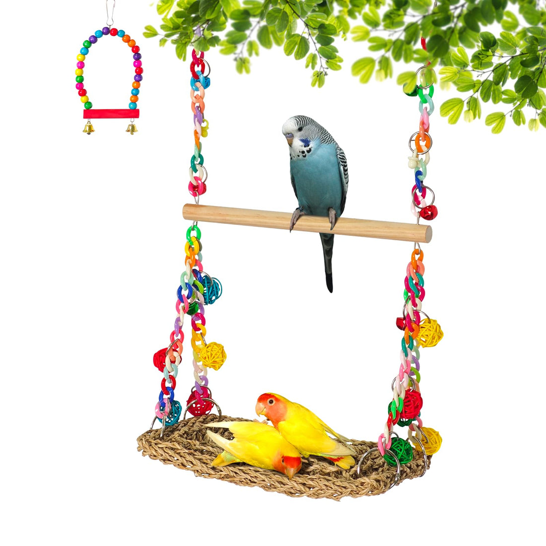 Natural Bird Swing Toys with Wood Perch,Double Layer Bird Seagrass
