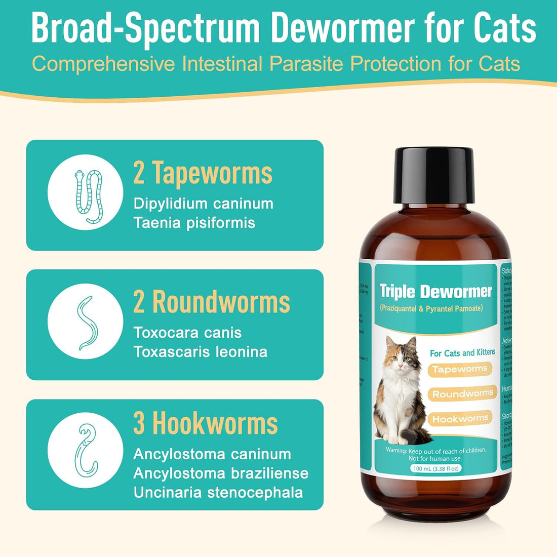 Cat Dewormer Liquid, Triple Dewormer for All Worms