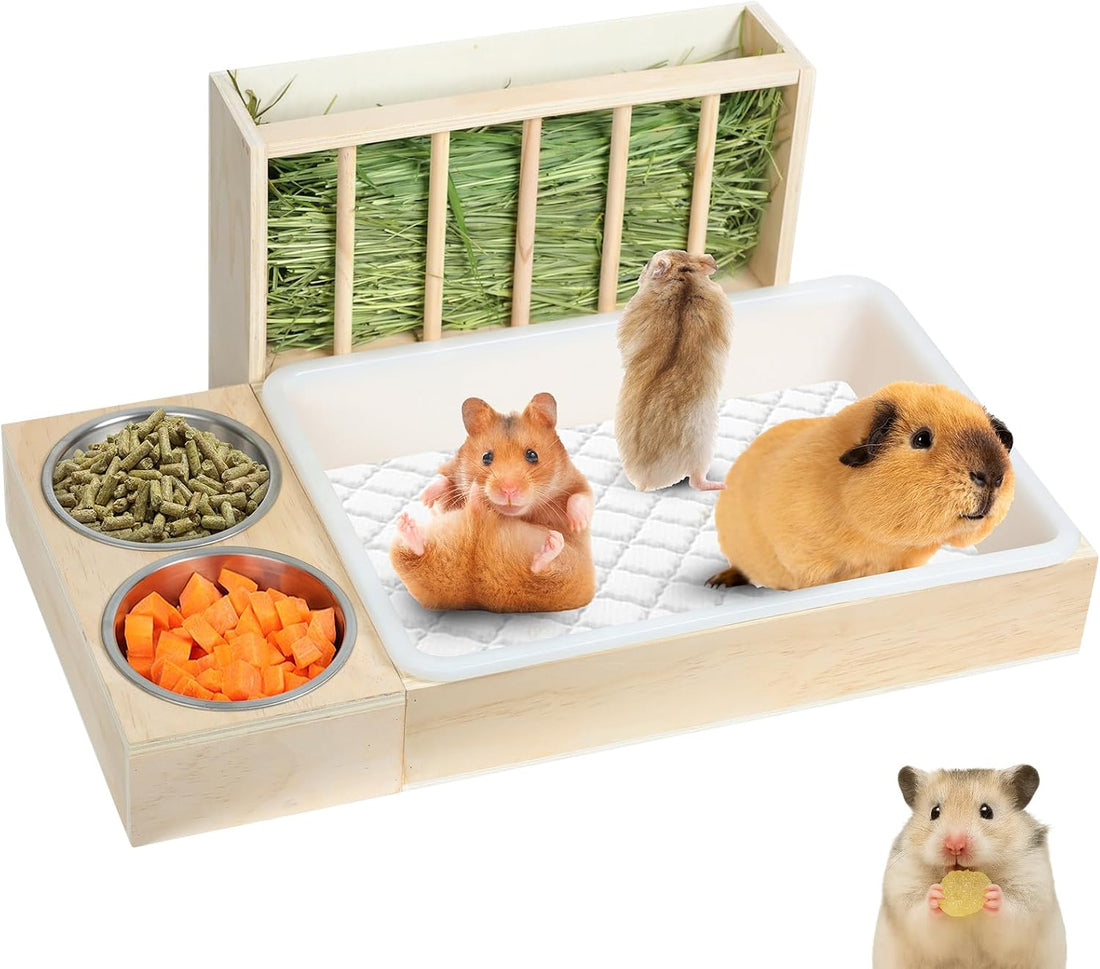 3-in-1 Wooden Rabbit Hay Feeder with Litter Box