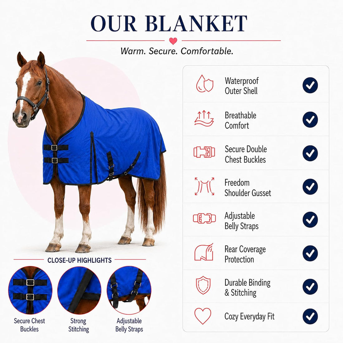 Horse Blanket 600D Ripstop Winter Turnout Blanket, 250 GSM Polyfill