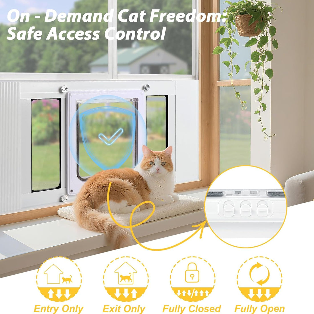 Cat Door for Window, Aluminum Frame, 4-Way Lock