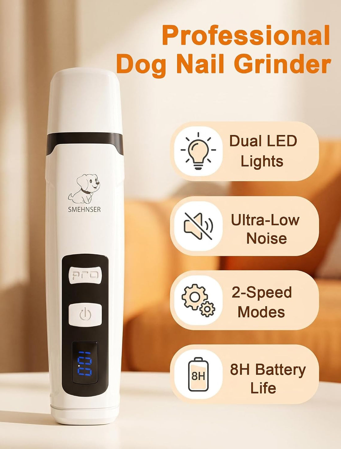 Quiet Electric Pet Nail Grinder with 2 Speeds for Dogs Cats