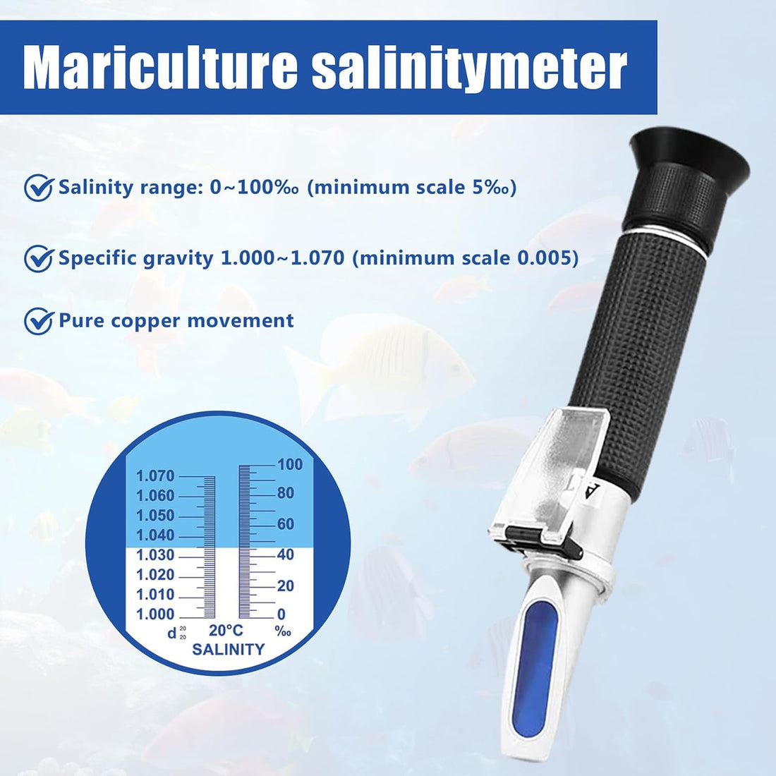Salinity Refractometer with ATC, 0-100PPT & 1.000-1.070 SG